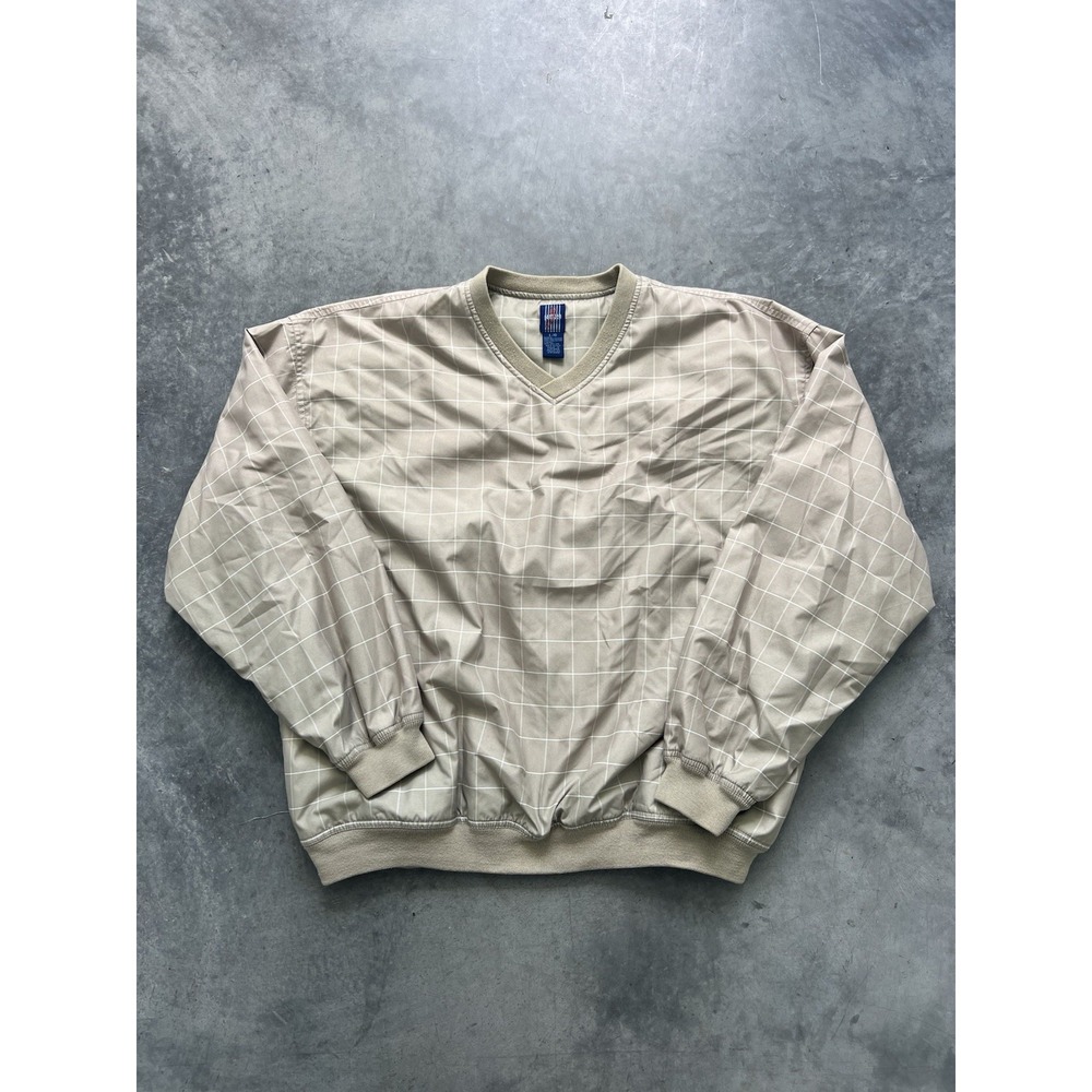Jantzen Mens Golf Windshirt Tan Grid V-Neck Pullover Jacket Large